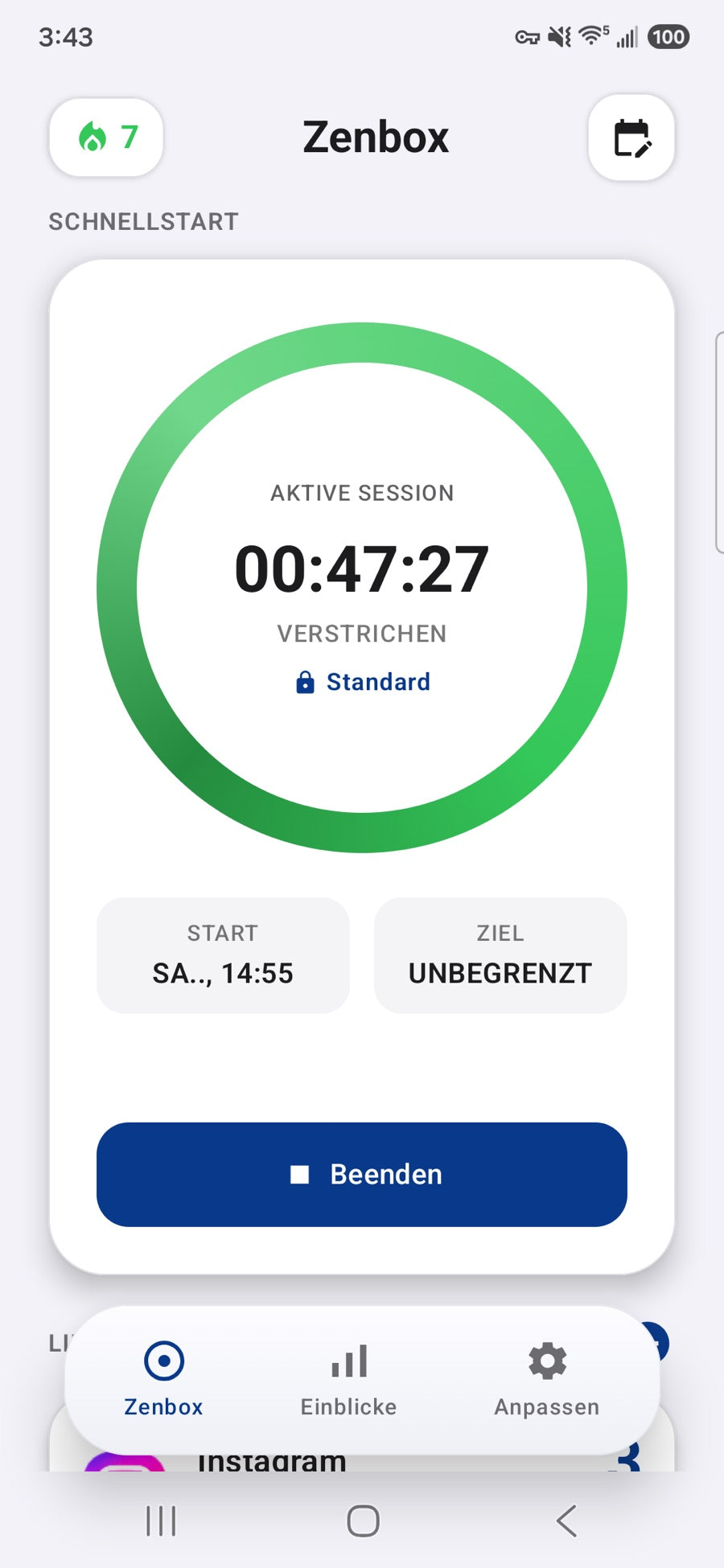 Active session with timer