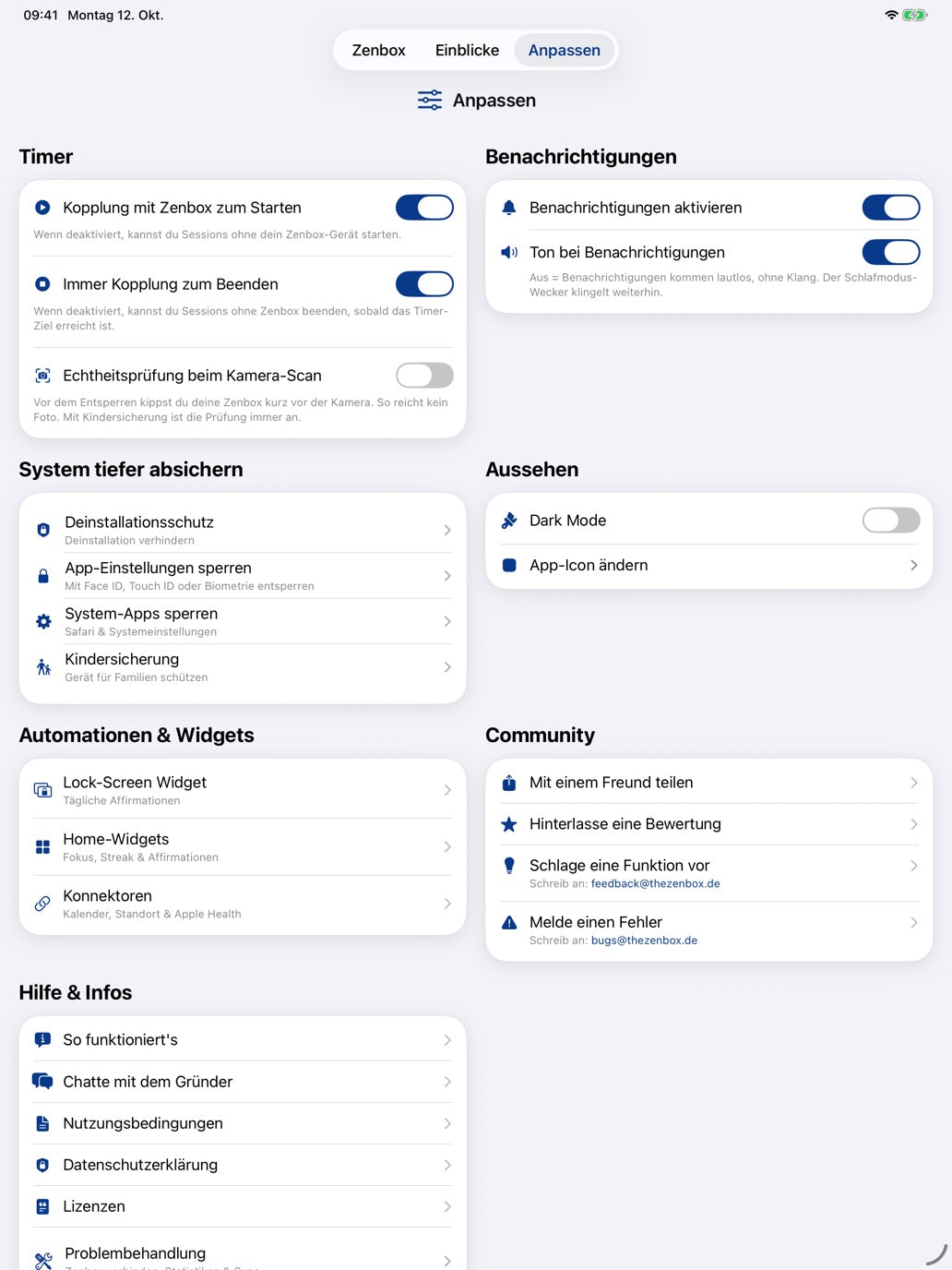 Zenbox-Einstellungen auf dem iPad in zwei Spalten