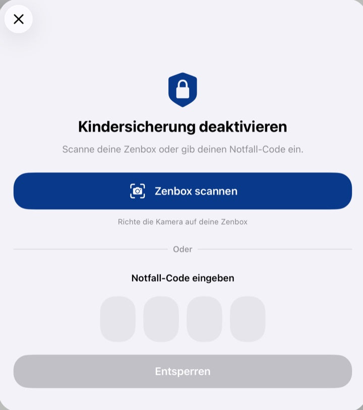 Kindersicherung deaktivieren: Zenbox scannen oder Notfall-Code eingeben