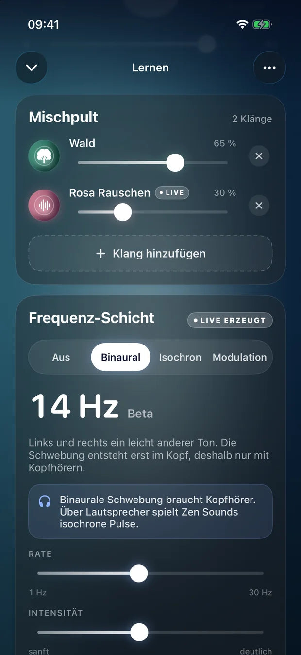 Das Mischpult mit Wald, rosa Rauschen und 14 Hz binauraler Schwebung